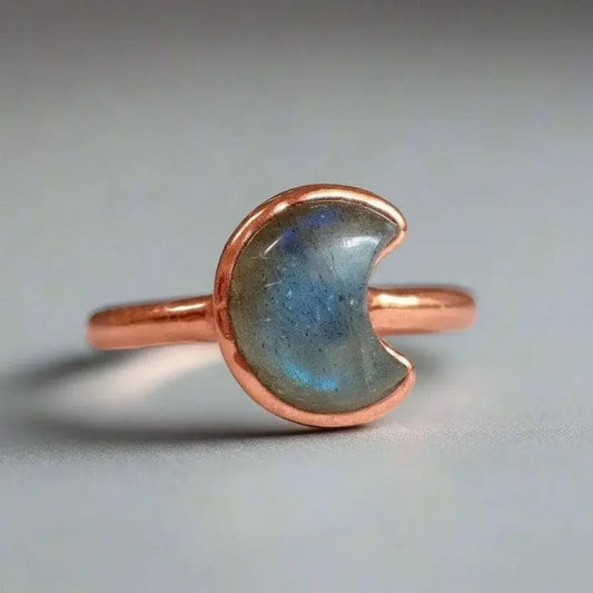 Electroformed Copper Labradorite Crescent Moon Ring - US Size 7 - BlackbirdSageStudio