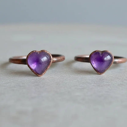 Electroformed Copper Amethyst Heart Ring: Bohemian February Birthstone - BlackbirdSageStudio