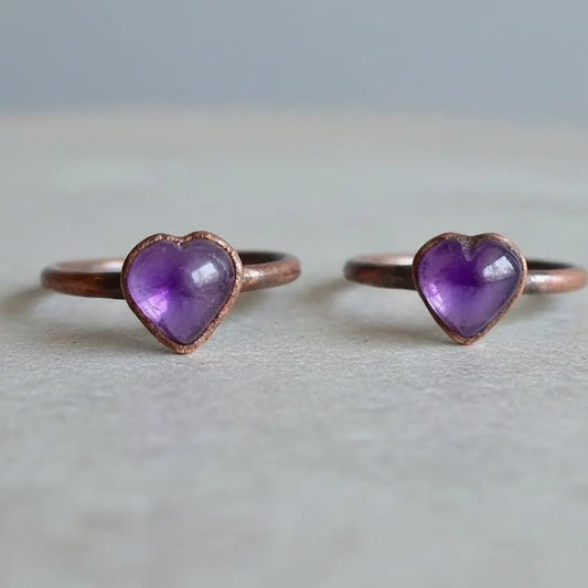 Electroformed Copper Amethyst Heart Ring: Bohemian February Birthstone - BlackbirdSageStudio