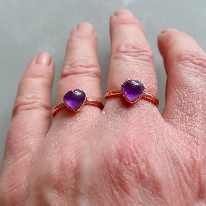 Electroformed Copper Amethyst Heart Ring: Bohemian February Birthstone - BlackbirdSageStudio