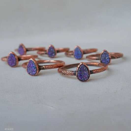 Electroformed Copper Ring: Purple Druzy Quartz Teardrop, Boho Rustic - BlackbirdSageStudio
