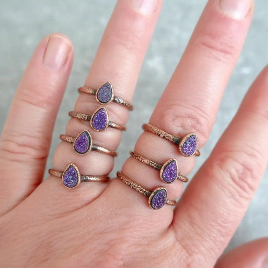 Electroformed Copper Ring: Purple Druzy Quartz Teardrop, Boho Rustic - BlackbirdSageStudio