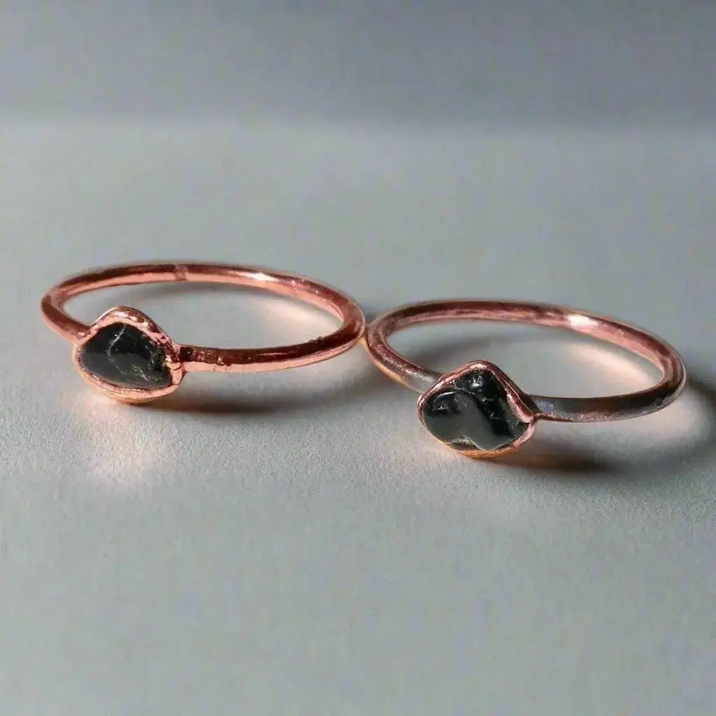Electroformed Copper Black Tourmaline Ring: Handmade Boho Stacking Jewelry - BlackbirdSageStudio
