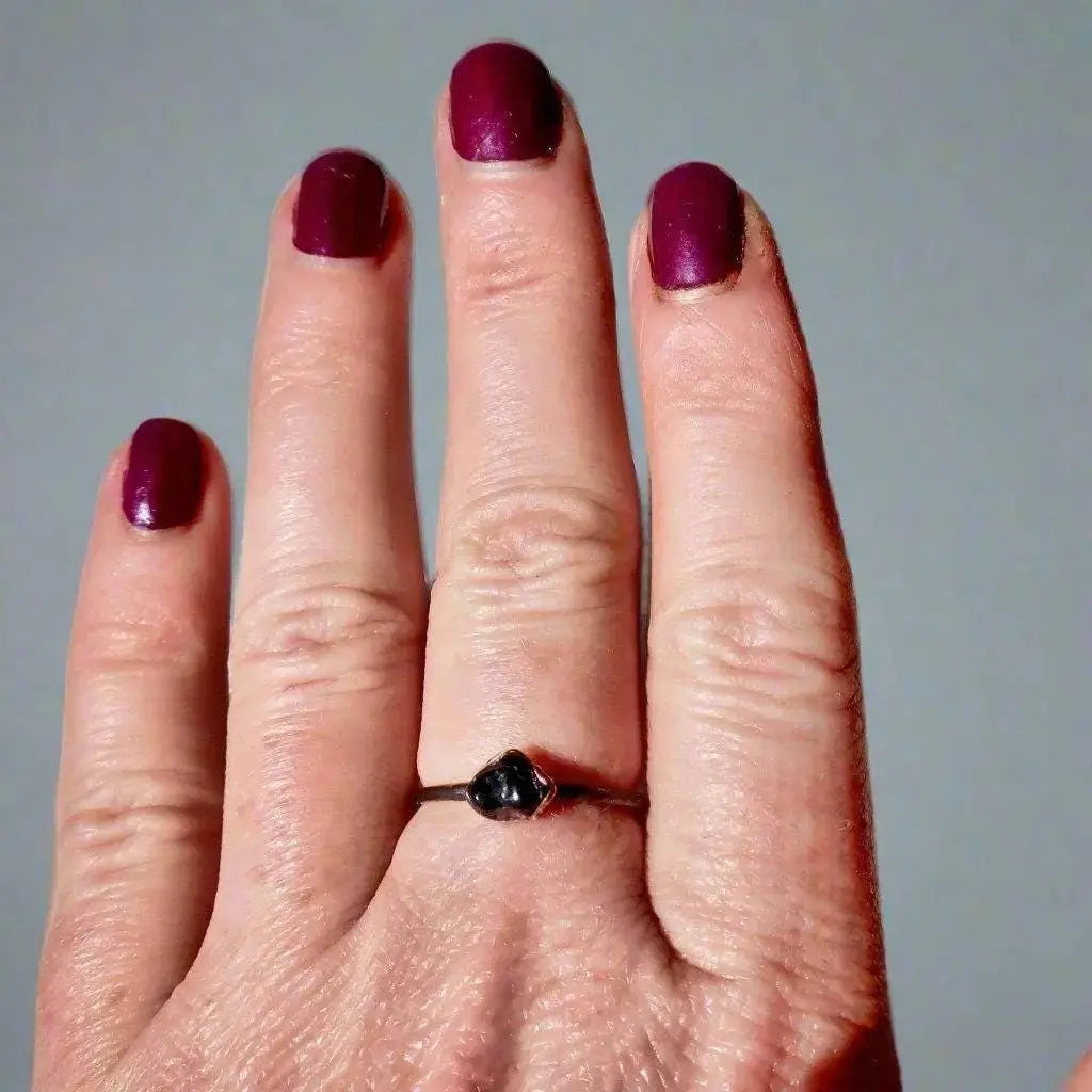 Electroformed Copper Black Tourmaline Ring: Handmade Boho Stacking Jewelry - BlackbirdSageStudio