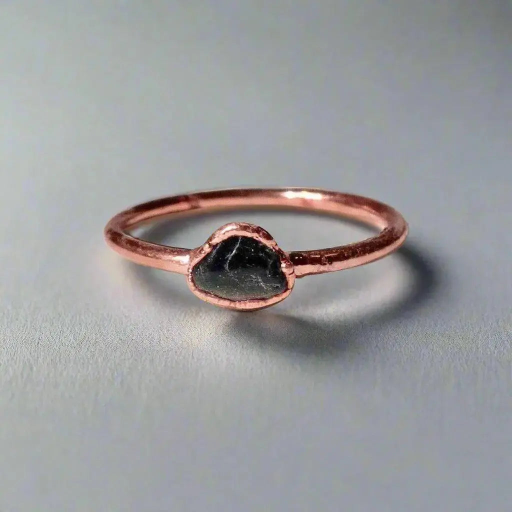 Electroformed Copper Black Tourmaline Ring: Handmade Boho Stacking Jewelry - BlackbirdSageStudio