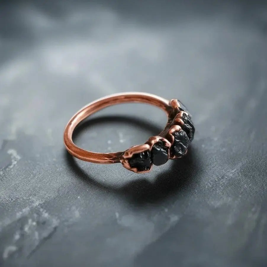 Black Tourmaline Ring: Electroformed Copper, Boho Healing Crystal Jewelry - BlackbirdSageStudio