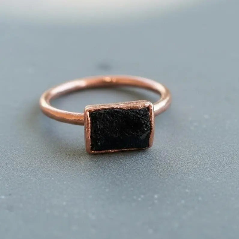 Electroformed Copper Ring: Raw Black Tourmaline Crystal, Boho Jewelry - BlackbirdSageStudio
