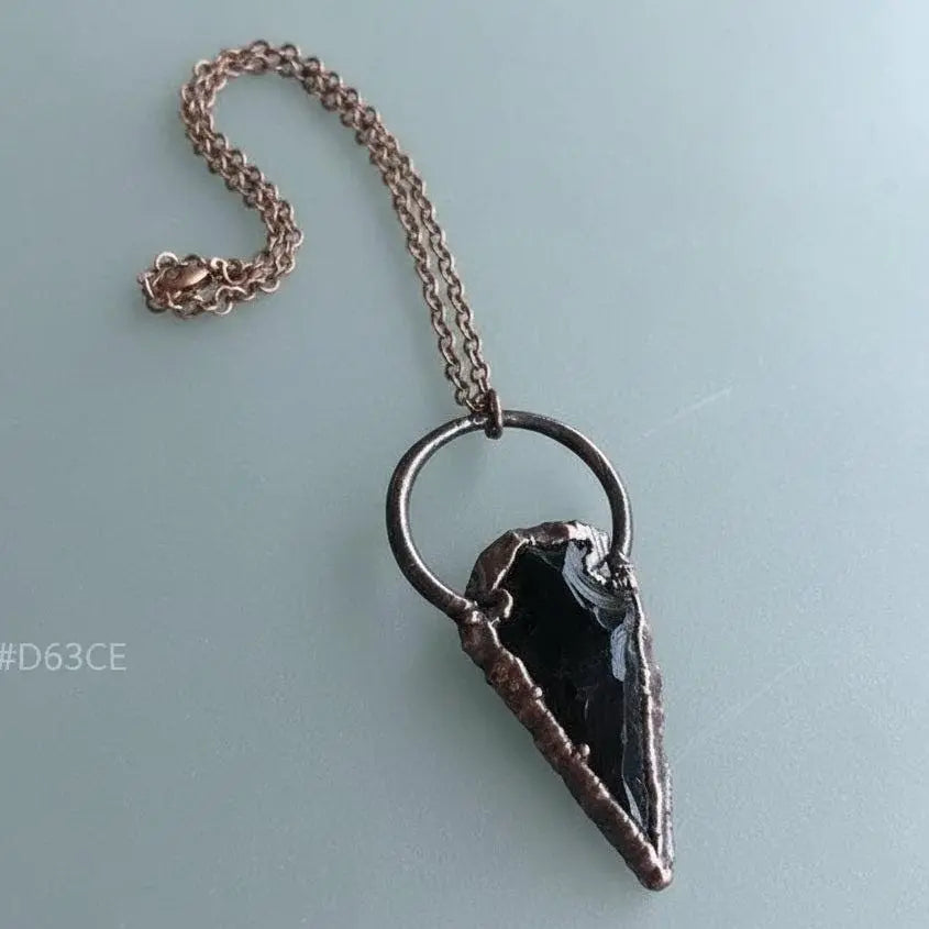 Electroformed Copper Obsidian Arrowhead Pendant Necklace - BlackbirdSageStudio