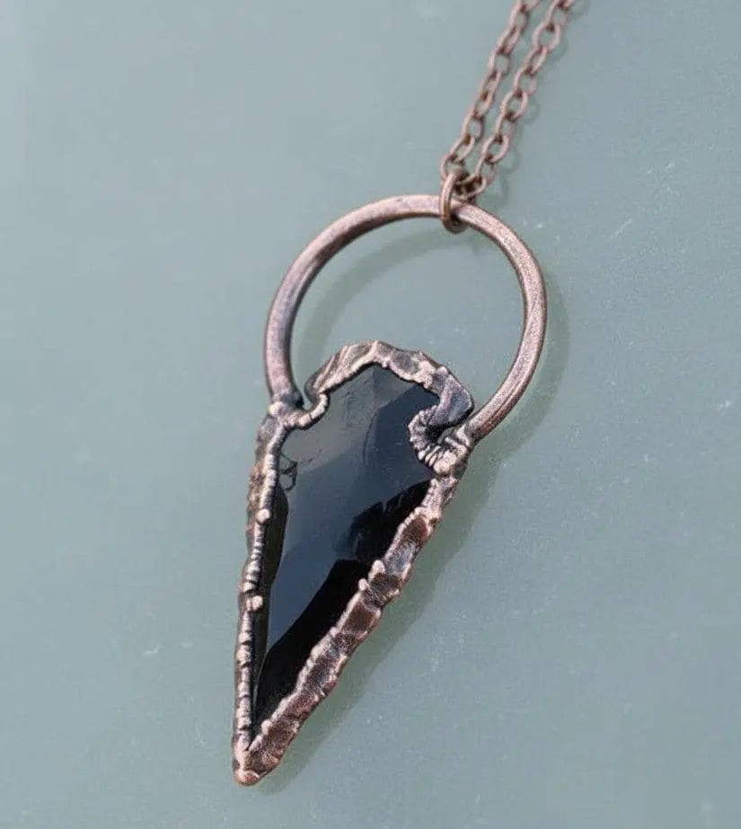 Electroformed Copper Obsidian Arrowhead Pendant Necklace - BlackbirdSageStudio