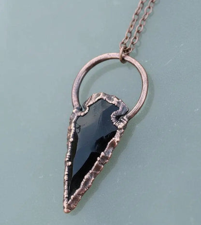 Electroformed Copper Obsidian Arrowhead Pendant Necklace - BlackbirdSageStudio