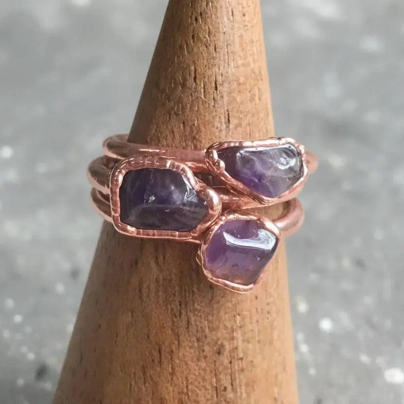 Dainty Amethyst Copper Ring: Electroformed Copper Jewelry, February Birthstone - BlackbirdSageStudio