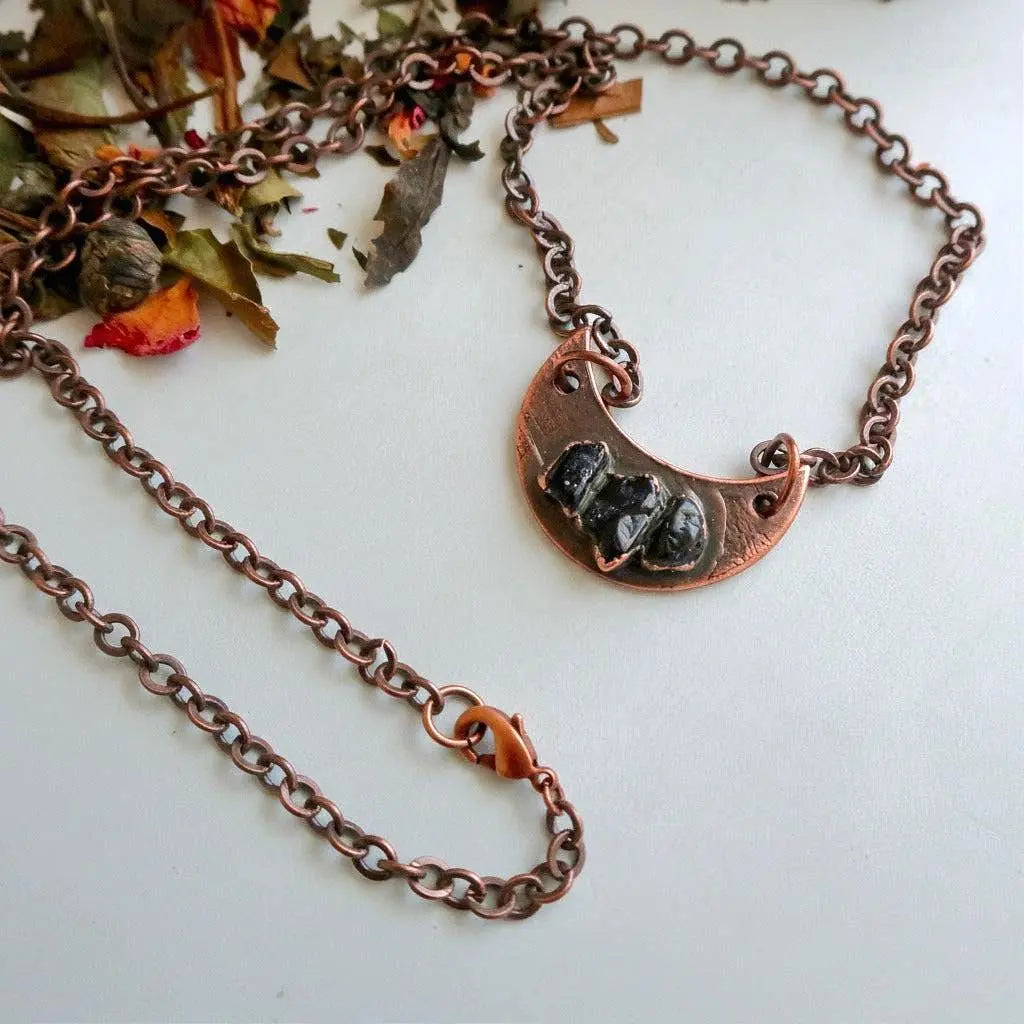 Electroformed Copper Black Tourmaline Crescent Moon Necklace - BlackbirdSageStudio