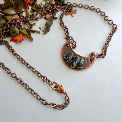 Electroformed Copper Black Tourmaline Crescent Moon Necklace - BlackbirdSageStudio