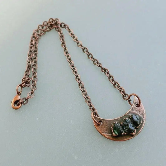Electroformed Copper Black Tourmaline Crescent Moon Necklace - BlackbirdSageStudio