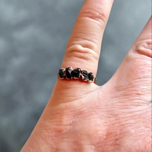 Black Tourmaline Ring: Electroformed Copper, Boho Healing Crystal Jewelry - BlackbirdSageStudio