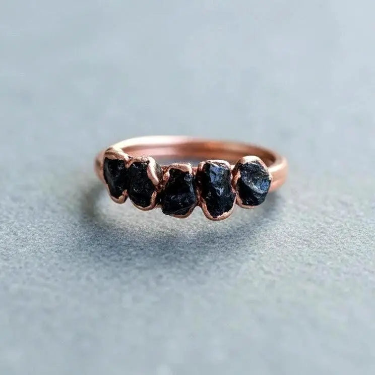 Black Tourmaline Ring: Electroformed Copper, Boho Healing Crystal Jewelry - BlackbirdSageStudio