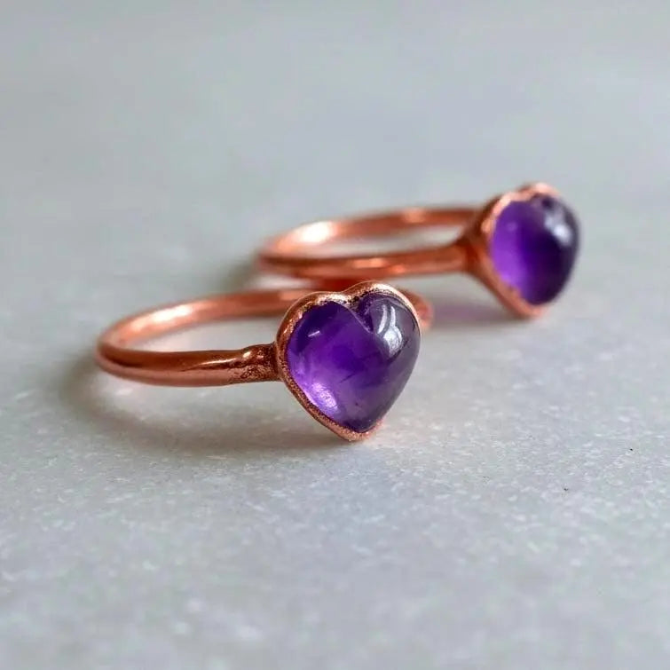 Electroformed Copper Amethyst Heart Ring: Bohemian February Birthstone - BlackbirdSageStudio