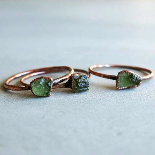 Raw Moldavite Copper Ring, Electroformed Tektite Jewelry - BlackbirdSageStudio