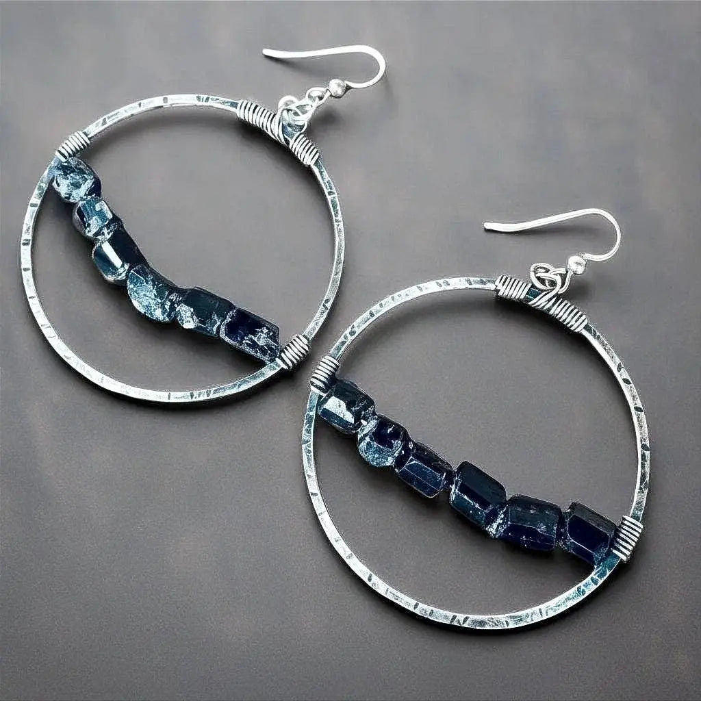 Handmade Sterling Silver Black Tourmaline Hoop Earrings: Boho Chic - BlackbirdSageStudio