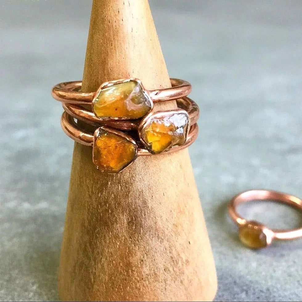 Raw Amber Ring – Electroformed Copper, Stackable Boho Jewelry - BlackbirdSageStudio