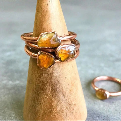 Raw Amber Ring – Electroformed Copper, Stackable Boho Jewelry - BlackbirdSageStudio
