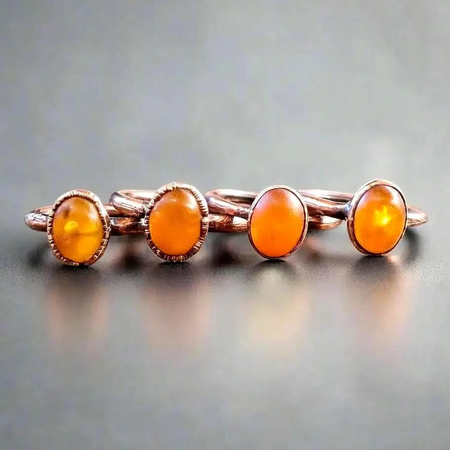 Electroformed Copper Ring: Oval Amber Stone, Handmade (US Size 6, 6.5) - BlackbirdSageStudio