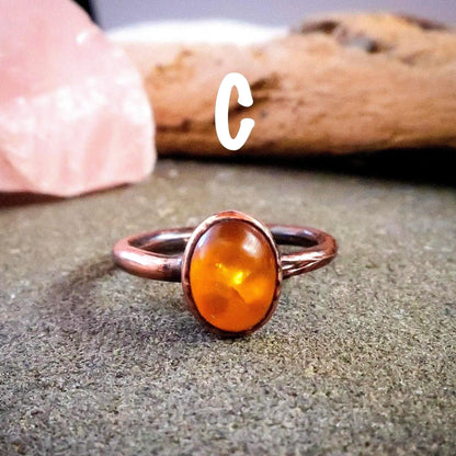 Electroformed Copper Ring: Oval Amber Stone, Handmade (US Size 6, 6.5) - BlackbirdSageStudio