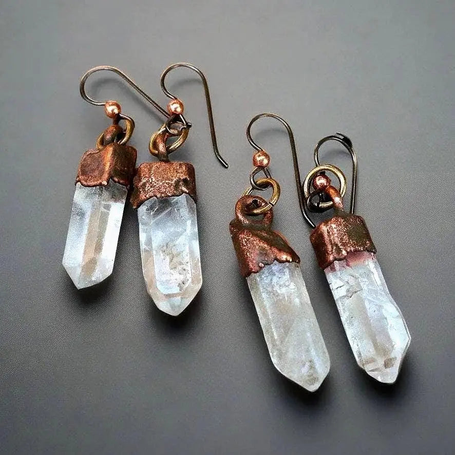 Raw Quartz Crystal Earrings: Electroformed Copper Boho Dangles - BlackbirdSageStudio