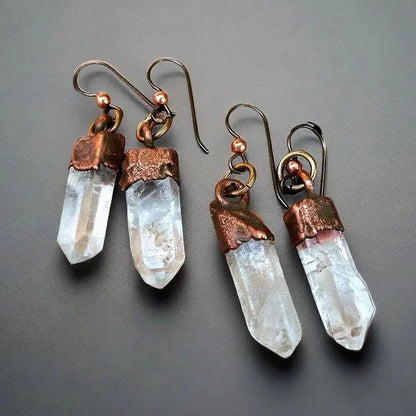 Raw Quartz Crystal Earrings: Electroformed Copper Boho Dangles - BlackbirdSageStudio