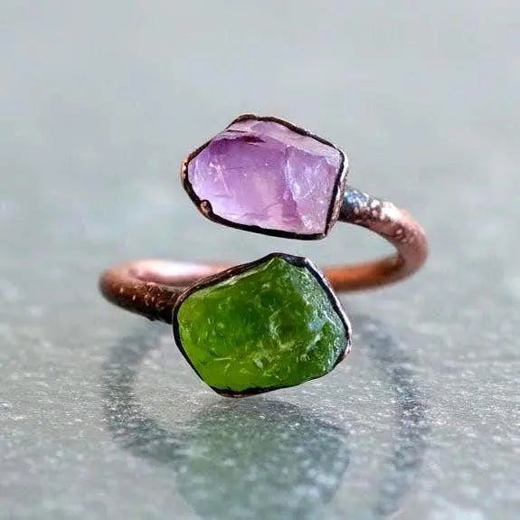 Raw Peridot Amethyst Stone Ring: Electroformed Copper, Handmade Birthstone Jewelry - BlackbirdSageStudio