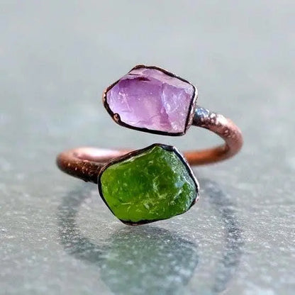 Raw Peridot Amethyst Stone Ring: Electroformed Copper, Handmade Birthstone Jewelry - BlackbirdSageStudio
