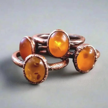Electroformed Copper Ring: Oval Amber Stone, Handmade (US Size 6, 6.5) - BlackbirdSageStudio