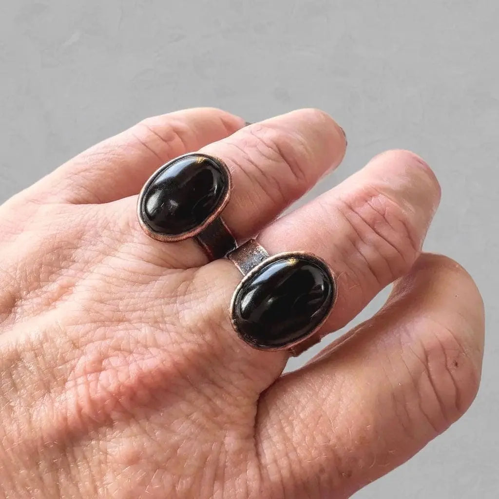Onyx Statement Ring Handmade Copper Electroformed Boho Jewelry Witchy Black Stone Crystal Gift - BlackbirdSageStudio