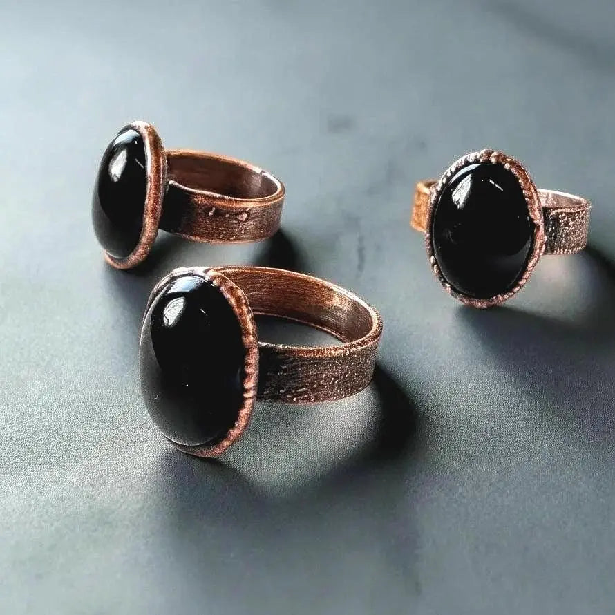 Onyx Statement Ring Handmade Copper Electroformed Boho Jewelry Witchy Black Stone Crystal Gift - BlackbirdSageStudio