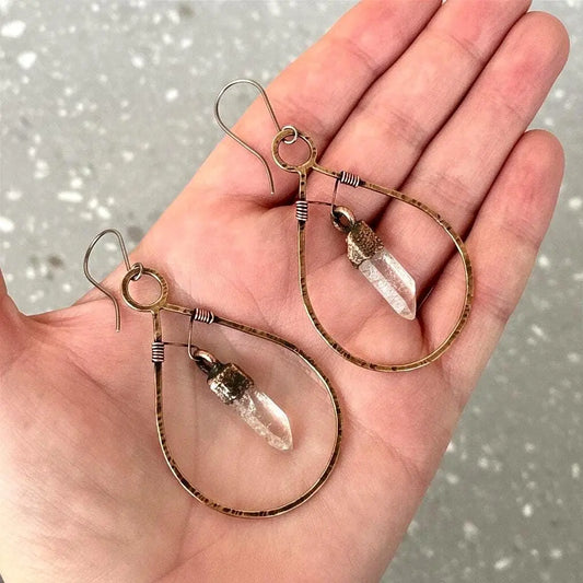 Electroformed Copper Quartz Point Earrings: Hand Hammered Bronze Hoops - BlackbirdSageStudio