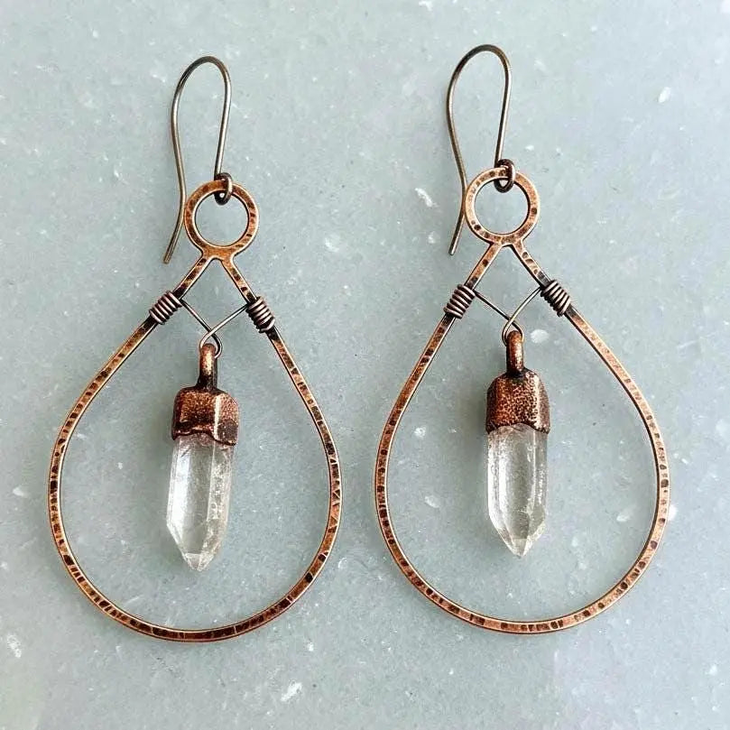 Electroformed Copper Quartz Point Earrings: Hand Hammered Bronze Hoops - BlackbirdSageStudio