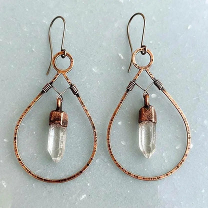Electroformed Copper Quartz Point Earrings: Hand Hammered Bronze Hoops - BlackbirdSageStudio