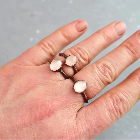 Electroformed Rose Quartz Ring, Oval Cab, Copper Jewelry - BlackbirdSageStudio