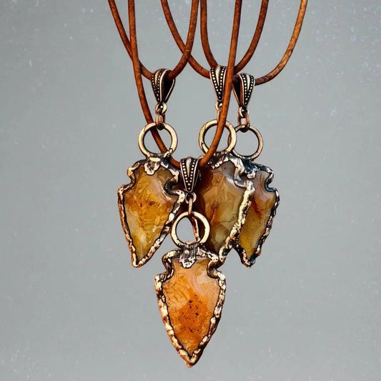 Carnelian Arrowhead Pendant: Copper Electroformed Leather Necklace - BlackbirdSageStudio