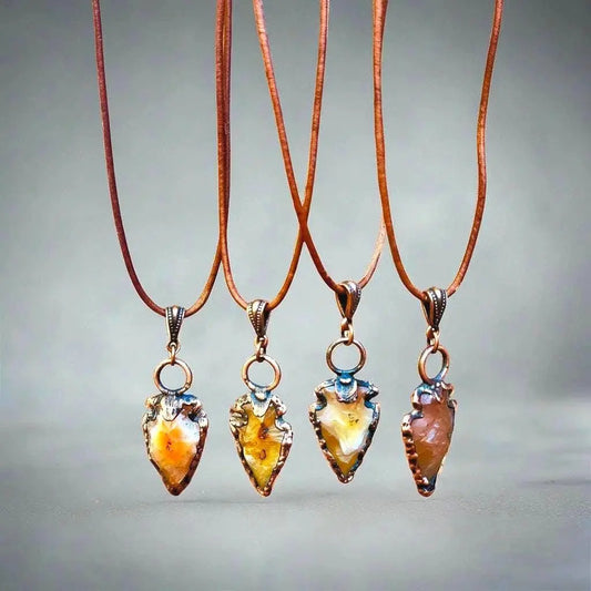 Carnelian Arrowhead Pendant: Copper Electroformed Leather Necklace - BlackbirdSageStudio
