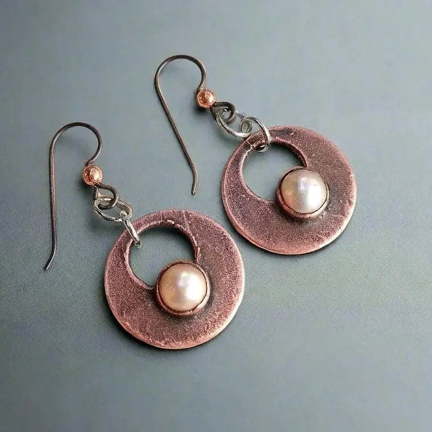 Electroformed Copper Pearl Drop Earrings: Hypoallergenic Niobium Wires - BlackbirdSageStudio
