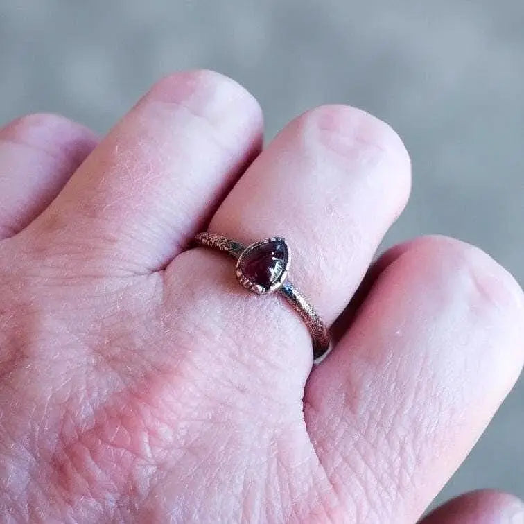 Electroformed Copper Garnet Ring: Pear-Shaped Boho Birthstone, Crystal Jewelry Gift, Holiday Present For Her - BlackbirdSageStudio