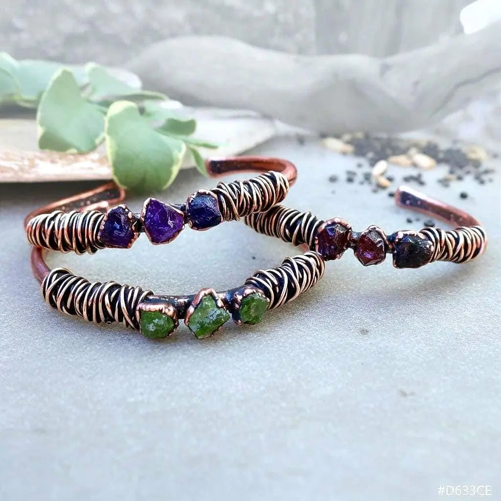 Raw Peridot Copper Cuff Bracelet: Electroformed Bronze Wire Wrapped Bangle - BlackbirdSageStudio
