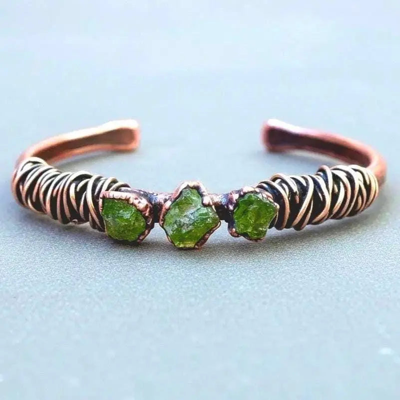Raw Peridot Copper Cuff Bracelet: Electroformed Bronze Wire Wrapped Bangle - BlackbirdSageStudio