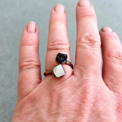 Electroformed Copper Ring: Raw Black Tourmaline & Moonstone Twist - BlackbirdSageStudio
