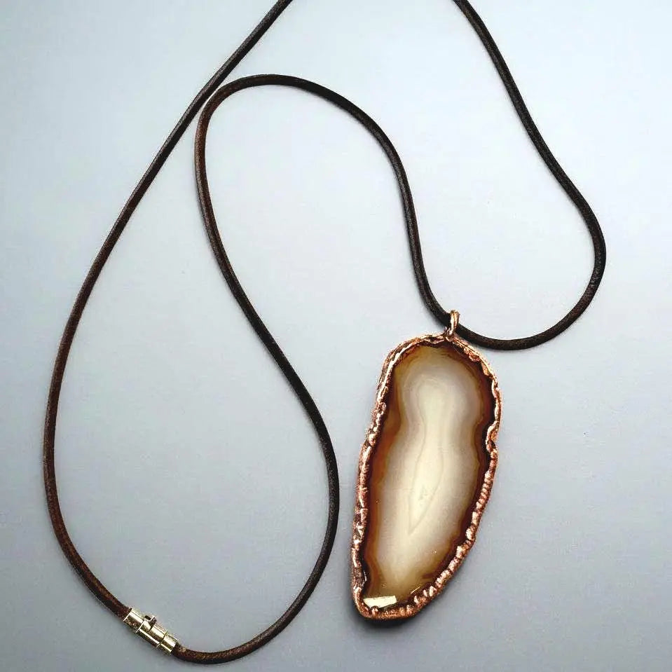 Red Agate Necklace: Electroformed Copper Pendant, Boho Leather Jewelry - BlackbirdSageStudio