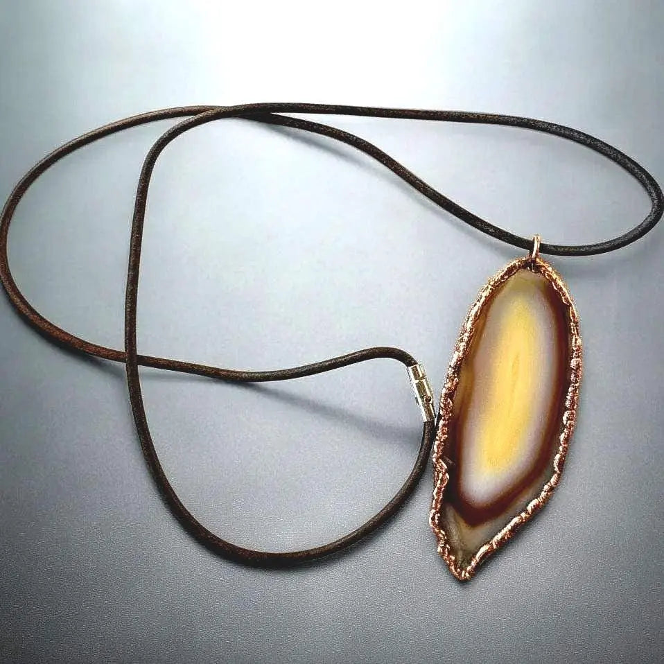 Red Agate Necklace: Electroformed Copper Pendant, Boho Leather Jewelry - BlackbirdSageStudio