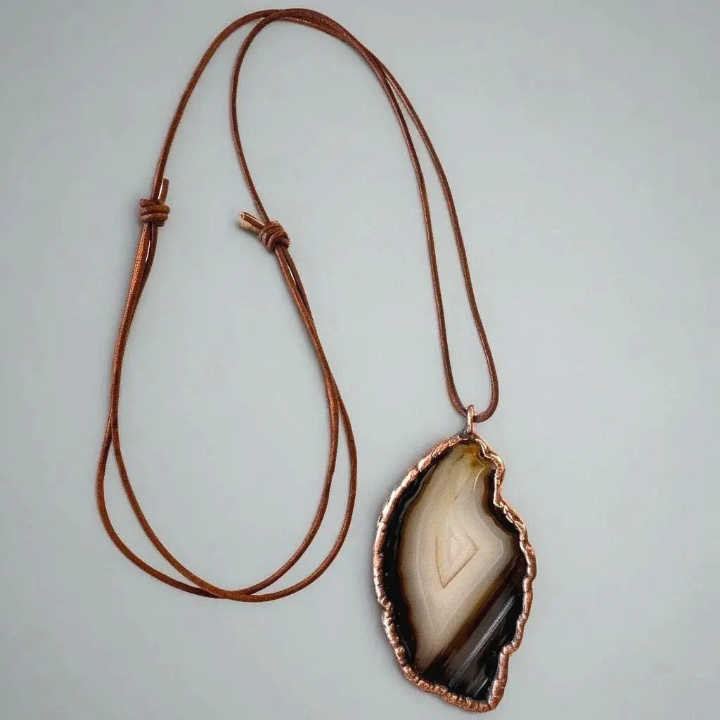 Electroformed Copper Blue Agate Slice Necklace: Handmade Boho Pendant - BlackbirdSageStudio