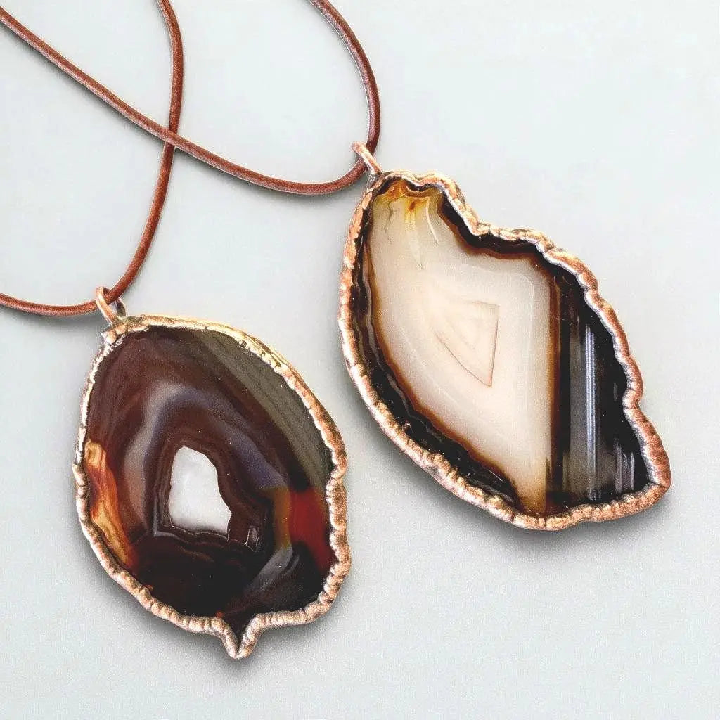 Electroformed Copper Blue Agate Slice Necklace: Handmade Boho Pendant - BlackbirdSageStudio