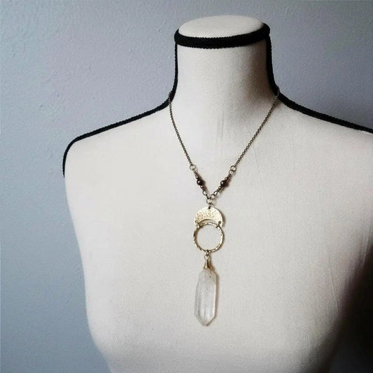 Handmade Quartz Double Point Necklace: Brass Boho Talisman - BlackbirdSageStudio